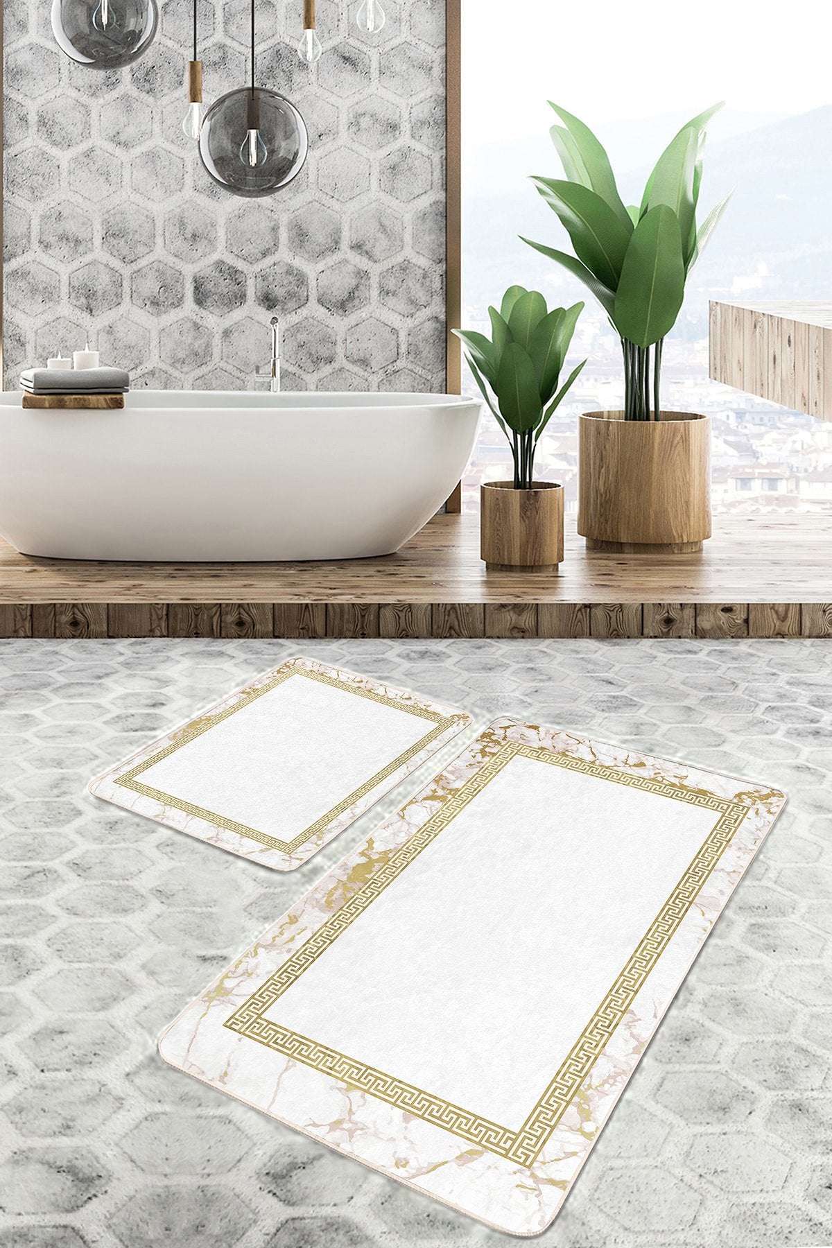 2’li Set Ekru Zeminde Altın renkli Motifli Geometrik Desenli Vintage Geometrik 2’li Banyo & Mutfak Paspas Takımı - Herseyben.de