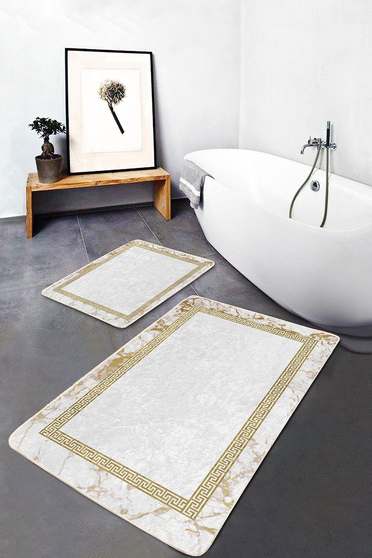 2’li Set Ekru Zeminde Altın renkli Motifli Geometrik Desenli Vintage Geometrik 2’li Banyo & Mutfak Paspas Takımı - Herseyben.de