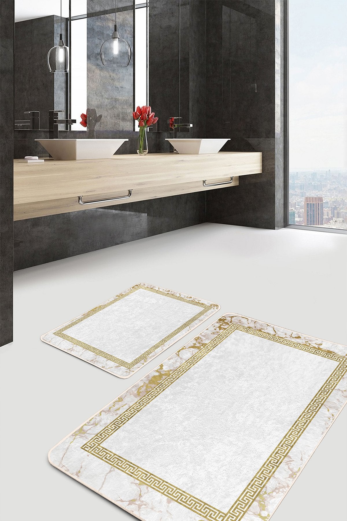 2’li Set Ekru Zeminde Altın renkli Motifli Geometrik Desenli Vintage Geometrik 2’li Banyo & Mutfak Paspas Takımı - Herseyben.de
