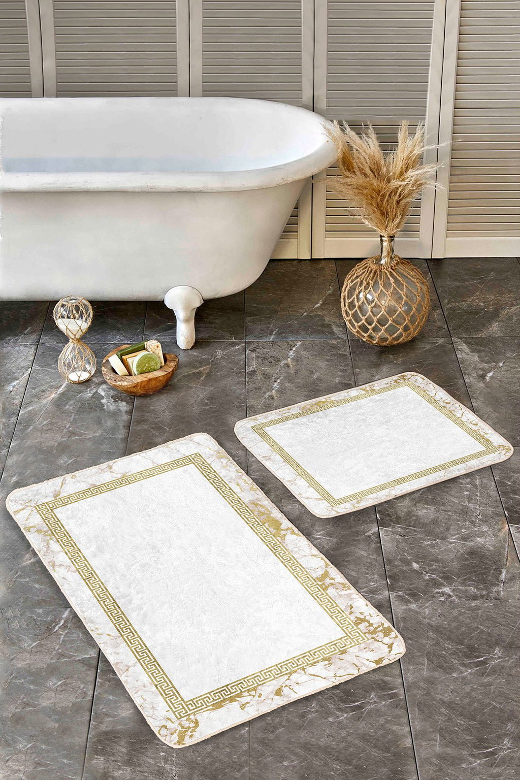 2’li Set Ekru Zeminde Altın renkli Motifli Geometrik Desenli Vintage Geometrik 2’li Banyo & Mutfak Paspas Takımı - Herseyben.de
