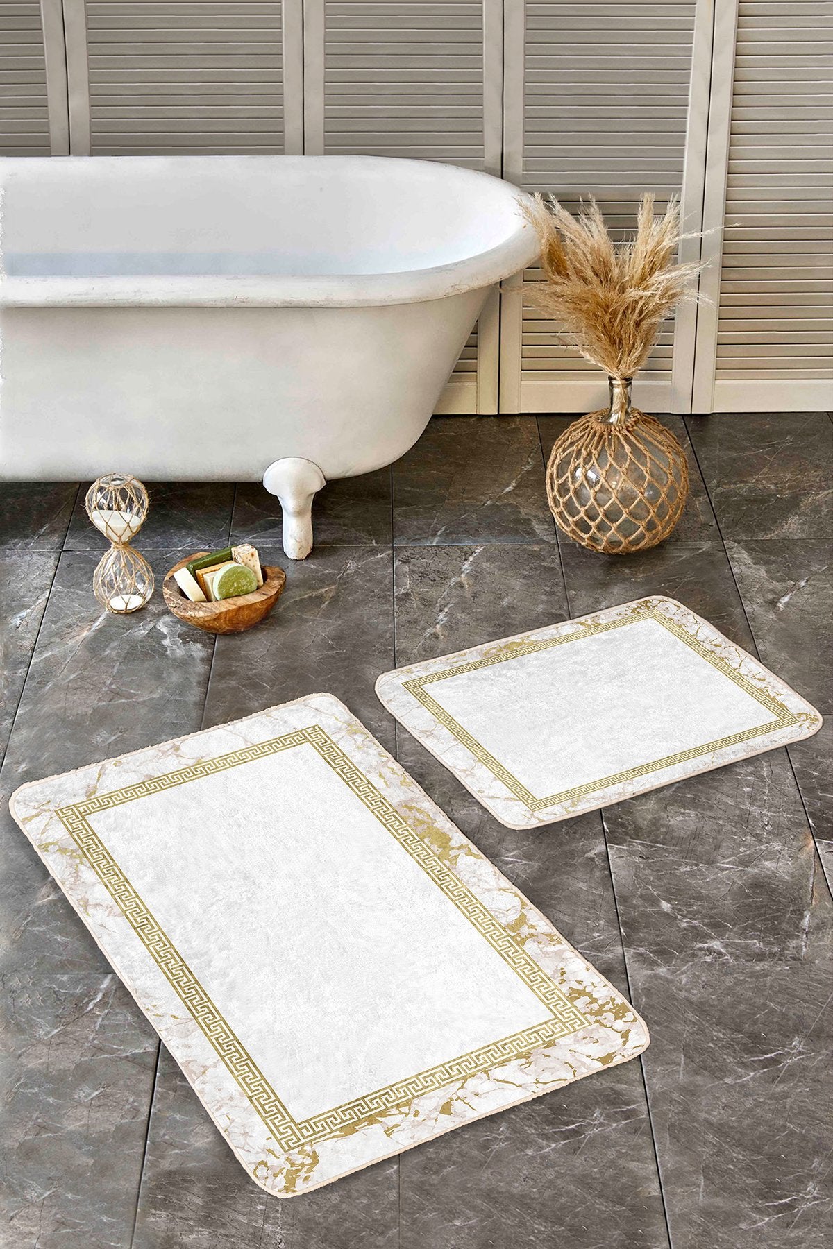 2’li Set Ekru Zeminde Altın renkli Motifli Geometrik Desenli Vintage Geometrik 2’li Banyo & Mutfak Paspas Takımı - Herseyben.de