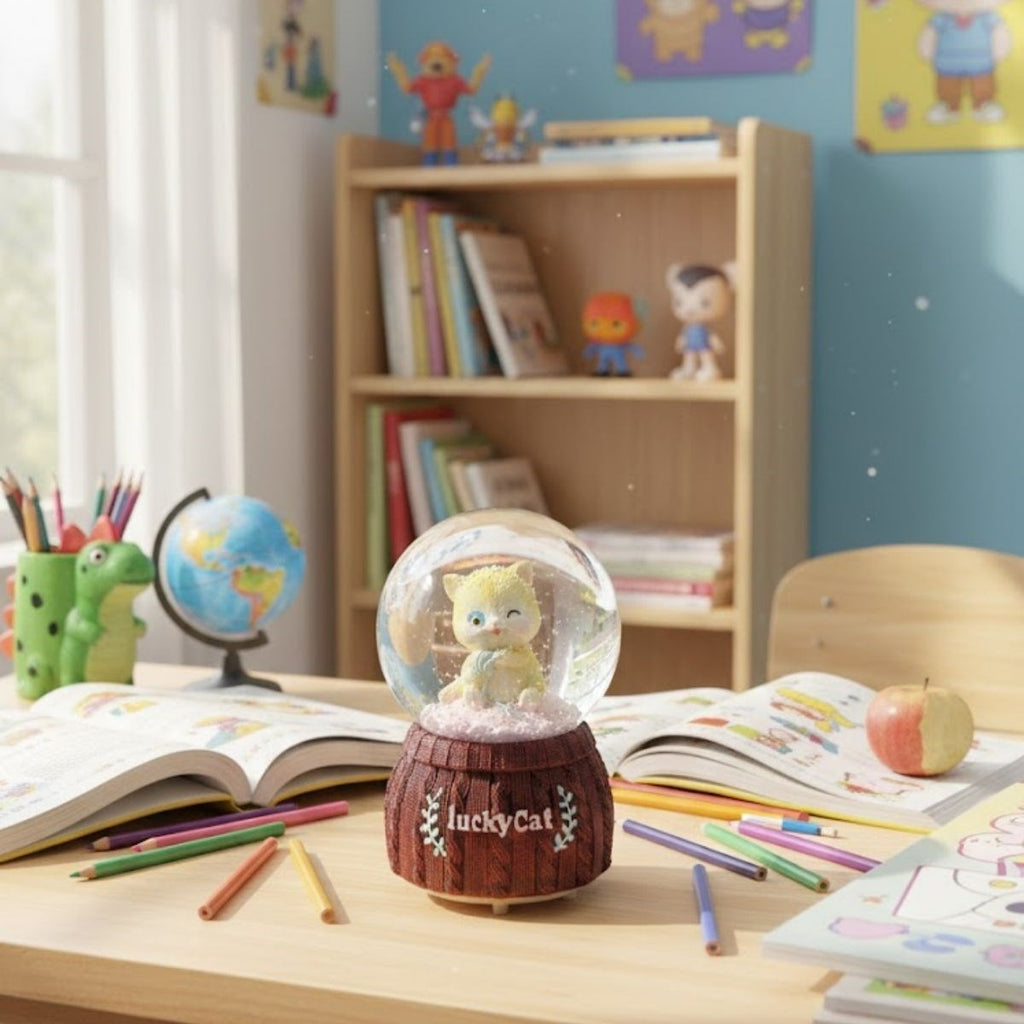 Pilli Işıklı Müzikli Kar Küresi–Şanslı Kedi Figürlü Eğlenceli Masaüstü Biblo, LED Aydınlatmalı Dekoratif Hediyelik Kar Küresi