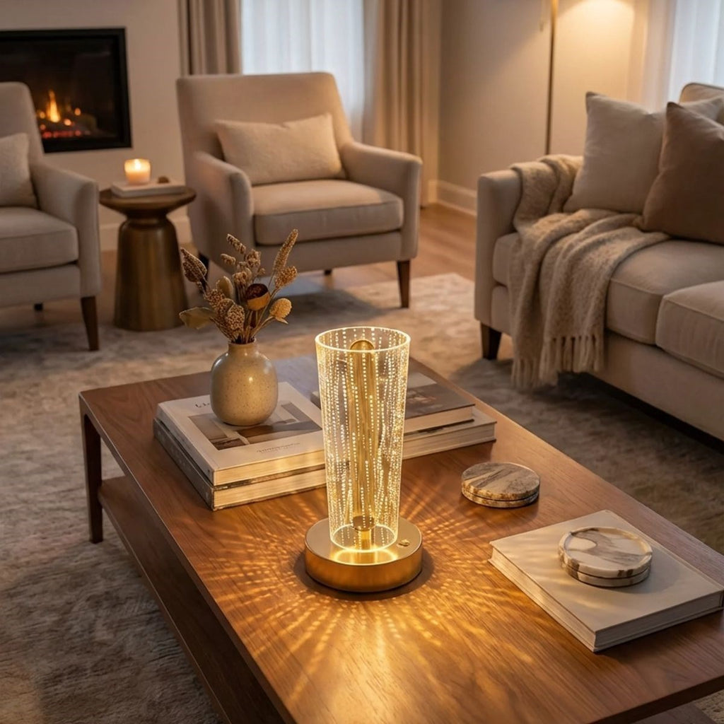 Silindirik Kristal Nokta Model LED Masa Lambası – Gold Tabanlı, Dokunmatik, 3 Renk Işık Modlu, Şarjlı Modern Dekoratif Gece Lambası