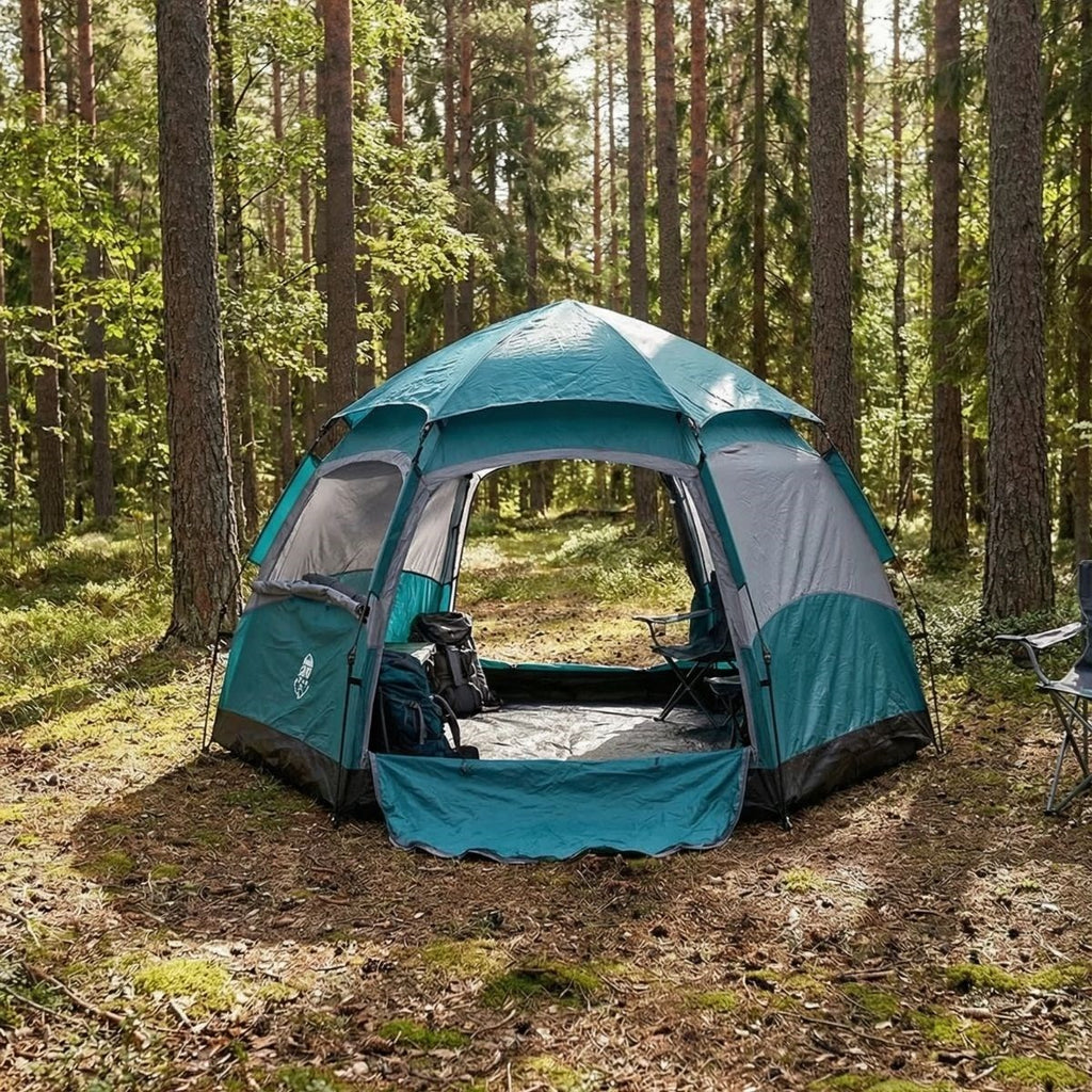 BUFFER 4 Kişilik Otomatik Kamp Çadırı – Altıgen Tasarım, Çift Kapılı, Suya Dayanıklı, Hızlı Kurulumlu Geniş Aile Outdoor Çadırı 240x240x160 cm