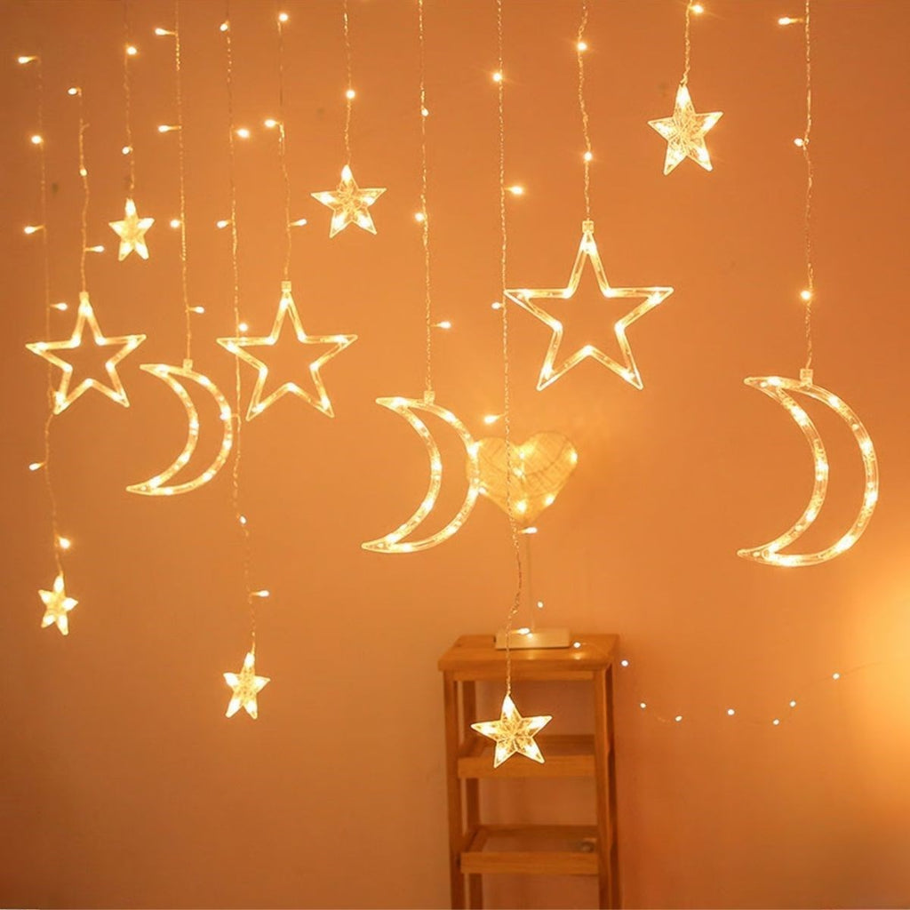 Ay ve Yıldız Figürlü Kumandalı 12 Sarkıtlı 120 LED Dekor Işık – Dekoratif Ortam ve Masaüstü Aydınlatması