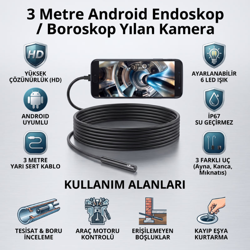 3 Metre Yılan Kamera - Android Destekli - LED Işıklı - IP67 Su Geçirmez — görsel 2