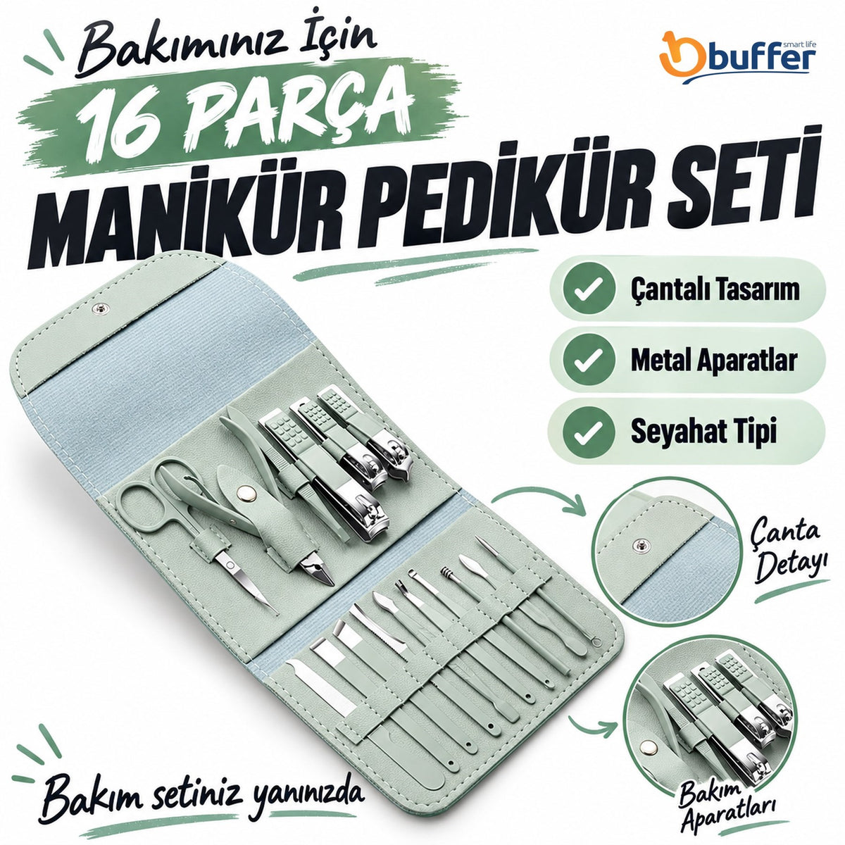 Çantalı Seyahat Tipi 16 Parça Manikür Pedikür Seti