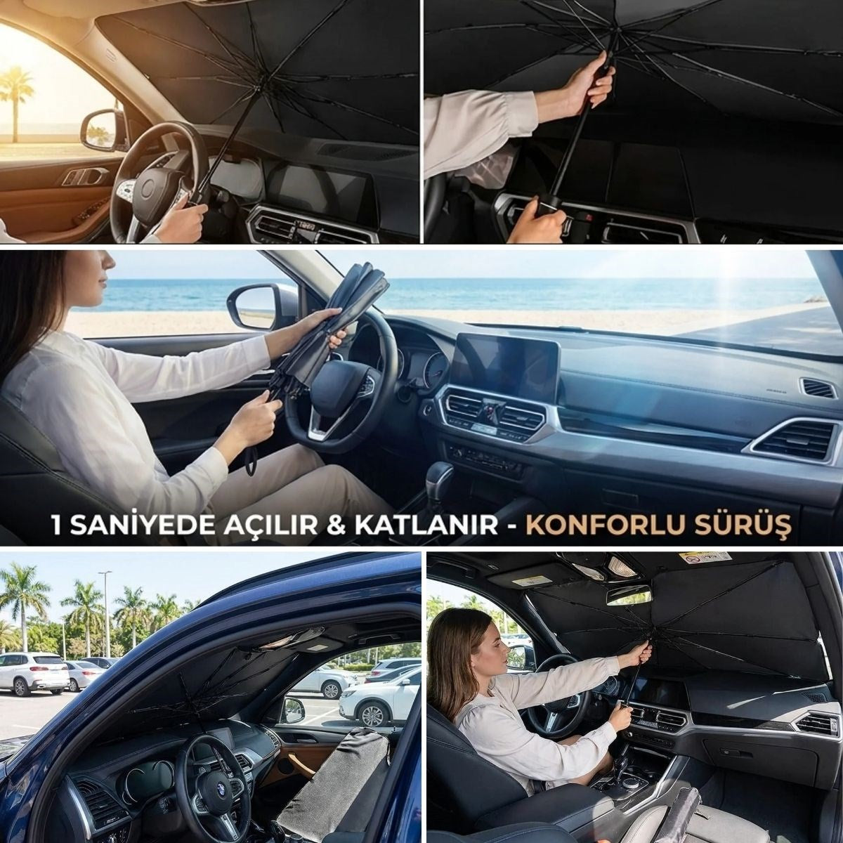 BUFFER Premium Katlanabilir Araç Ön Cam Güneşliği – Şemsiye Tipi Oto Güneşlik, UV Korumalı Isı Yalıtımlı Ön Cam Gölgelik