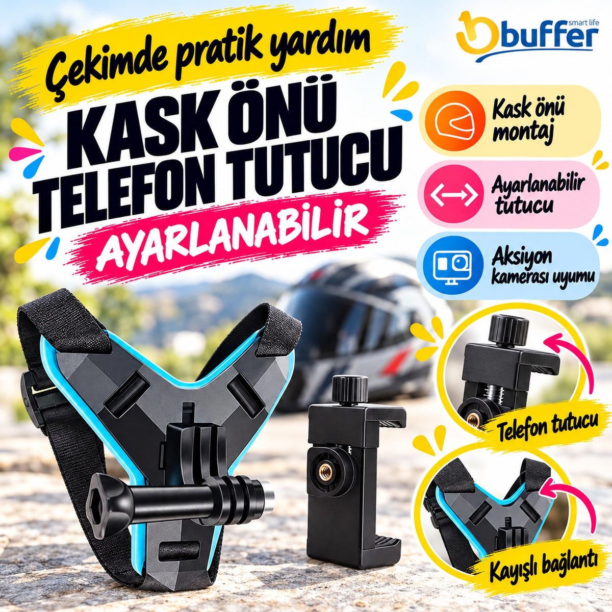 Motorsiklet Kask Önü Takılan Telefon Tutucu Aksiyon Kamerası Takılabilen Aparat