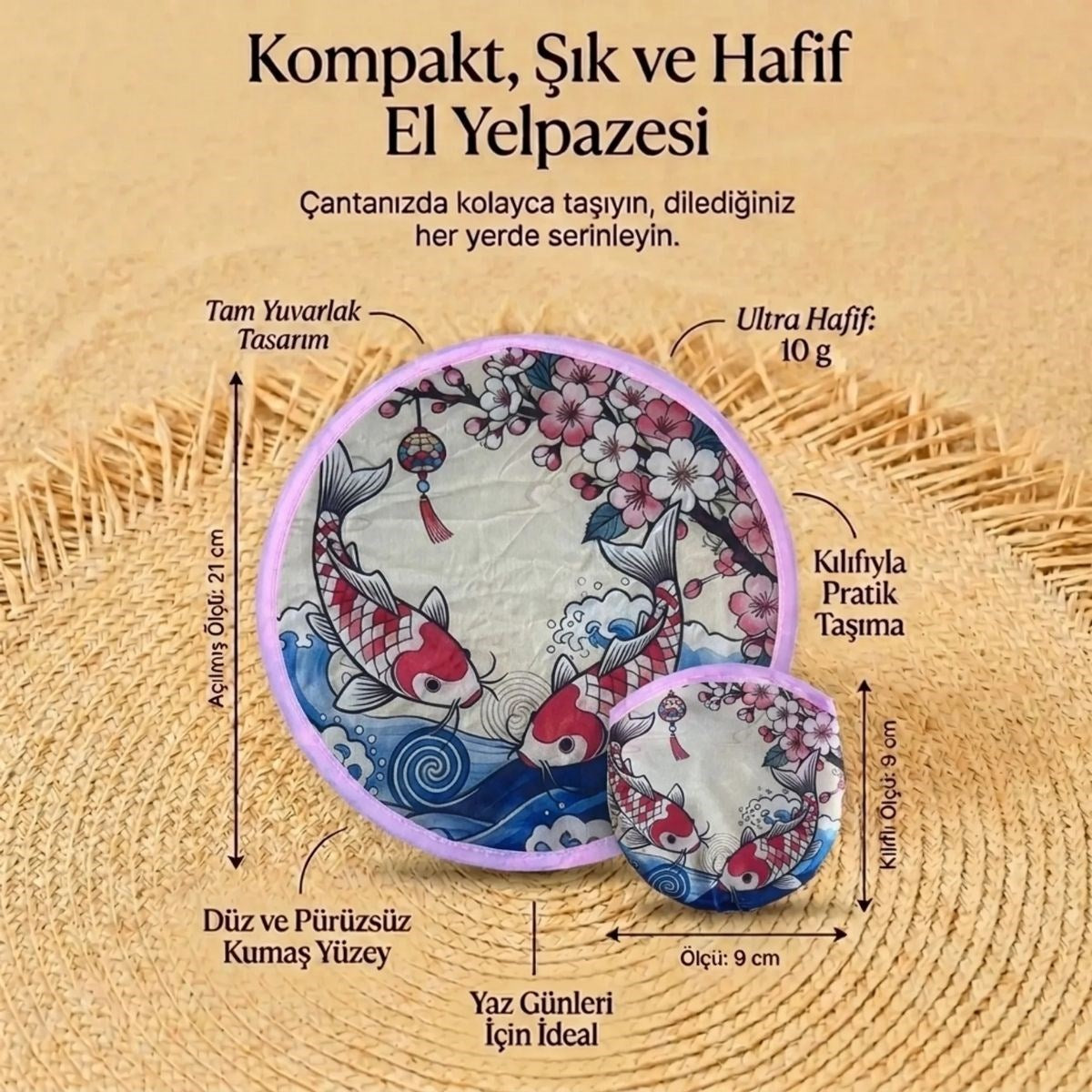 BUFFER Koi Balığı ve Kiraz Çiçeği Desenli Pratik Katlanabilir El Yelpazesi –Japon Stili Kılıflı Yuvarlak Pratik Otomatik Açılıp Kapanan Cep Yelpazesi