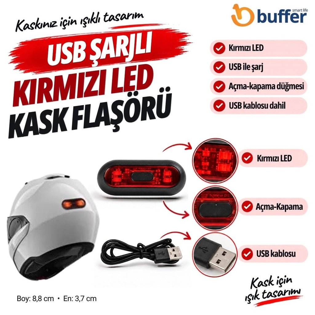 USB Şarjlı Kırmızı LED Kask Flaşörü, Açma Kapama Düğmeli Siyah Oval Gövde, USB Kablolu 8,8 x 3,7 cm Kask Aydınlatma Işığı