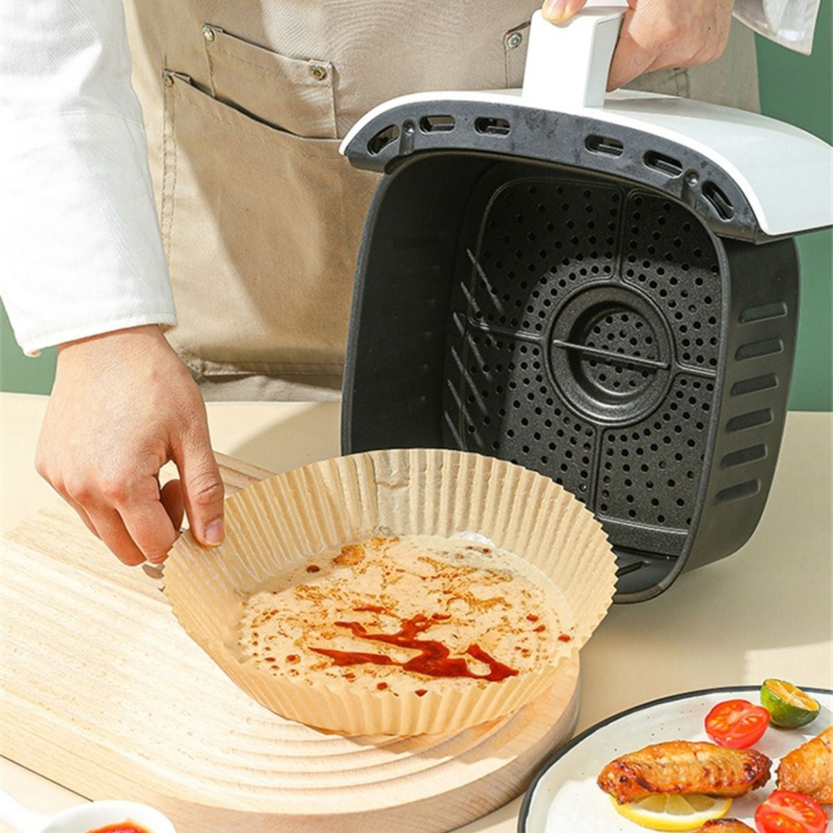 50 Adet Air Fryer Pişirme Kağıdı Tek Kullanımlık 23 Cm Yuvarlak Pişirme Kağıdı XXL PVC li