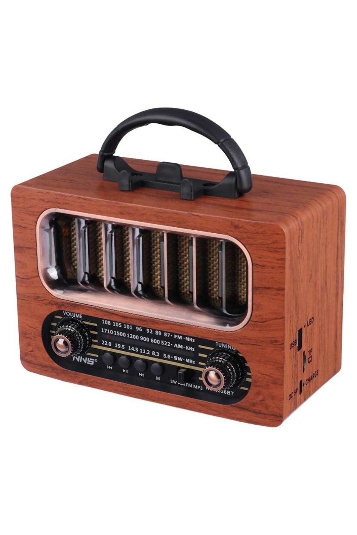 Orta Boy Retro Ahşap Tasarım Bluetooth Hoparlörlü Radyo – FM/AM Destekli, Şarjlı ve Taşınabiliri Radyo NS-6636