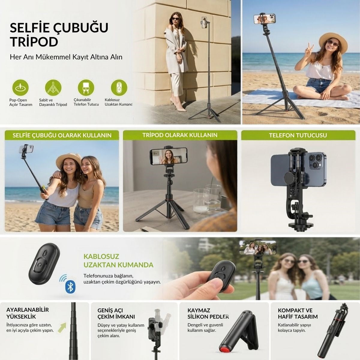 130 cm Uzayabilen Manyetik Kumandalı Tripod ve Ayarlanabilir Telefon Tutuculu, Alüminyum Gövdeli Selfie Çubuğu