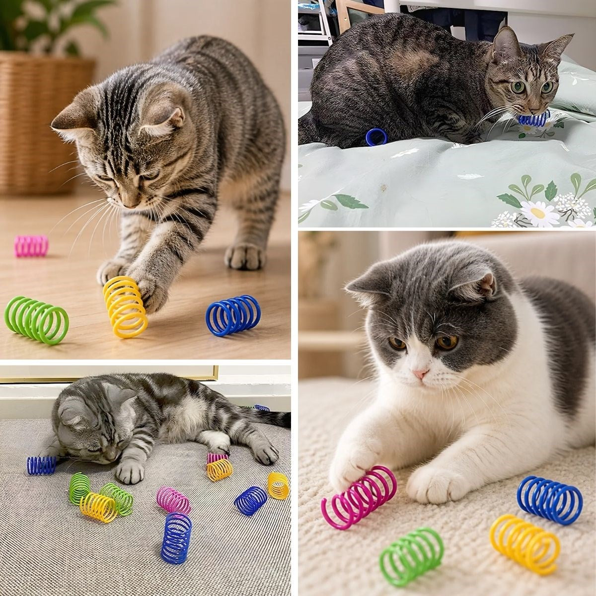 4'lü Renkli Spiral Yay Kedi Oyuncağı, Esnek ve Hareketli Eğlenceli Kedi Oyun Seti