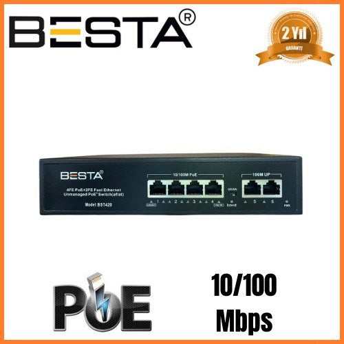 6 PORT POE SWİTCH 10/100 Mbps Masaüstü 4 Port POE BST620
