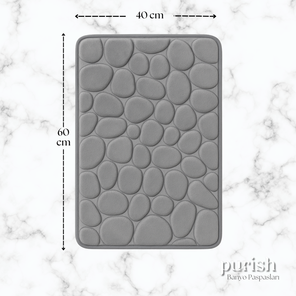 Hafızalı Köpük Banyo Paspası 60×40 cm – Kaydırmaz Tabanlı, Hızlı Kuruyan Mikrofiber, Taş Dokulu Gri Banyo Matı - Herseyben.de