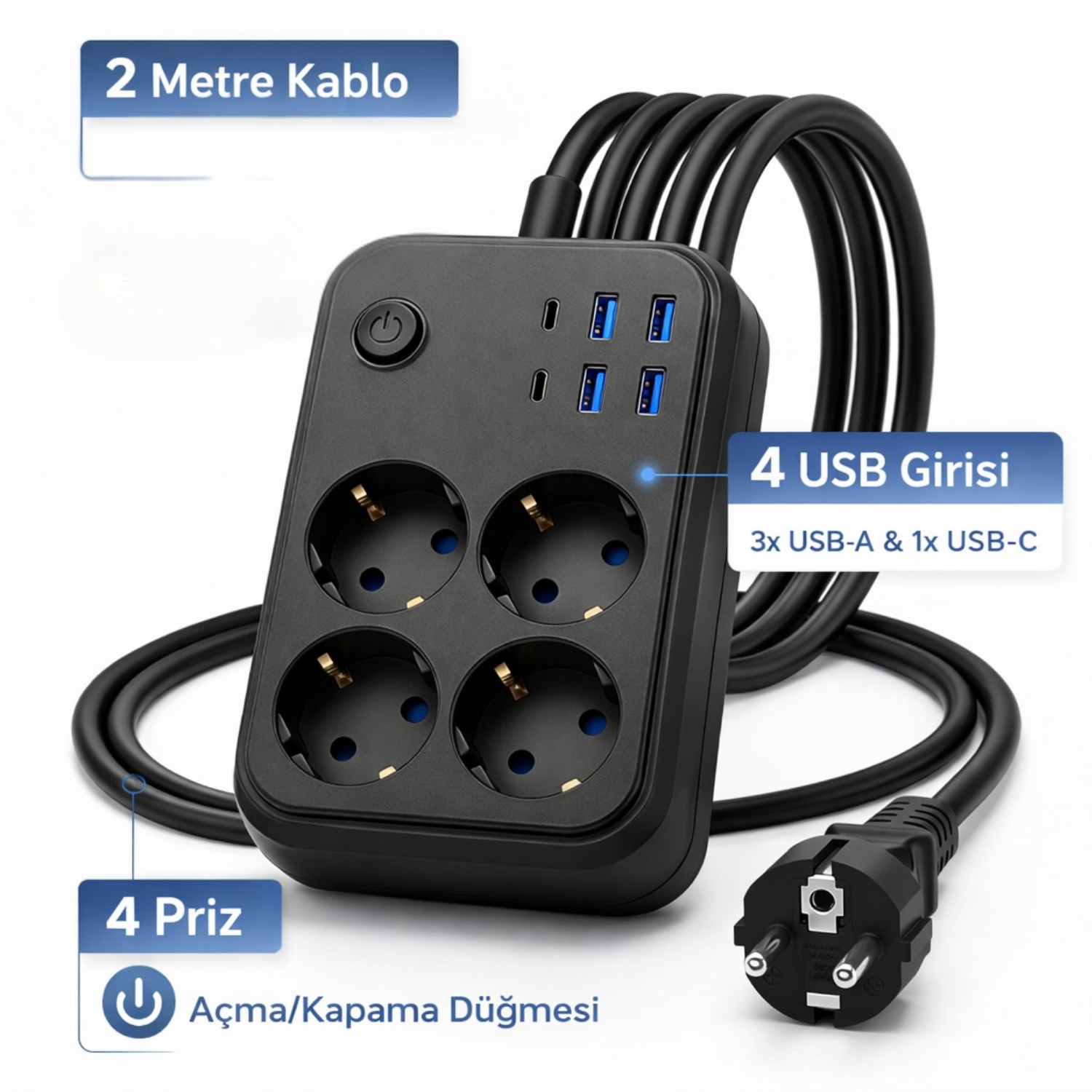 4’lü Topraklı Priz Çoklayıcı 2 Metre Kablolu | 4 USB Girişli (3 USB-A + 1 USB-C) Akım Korumalı Açma Kapama Düğmeli