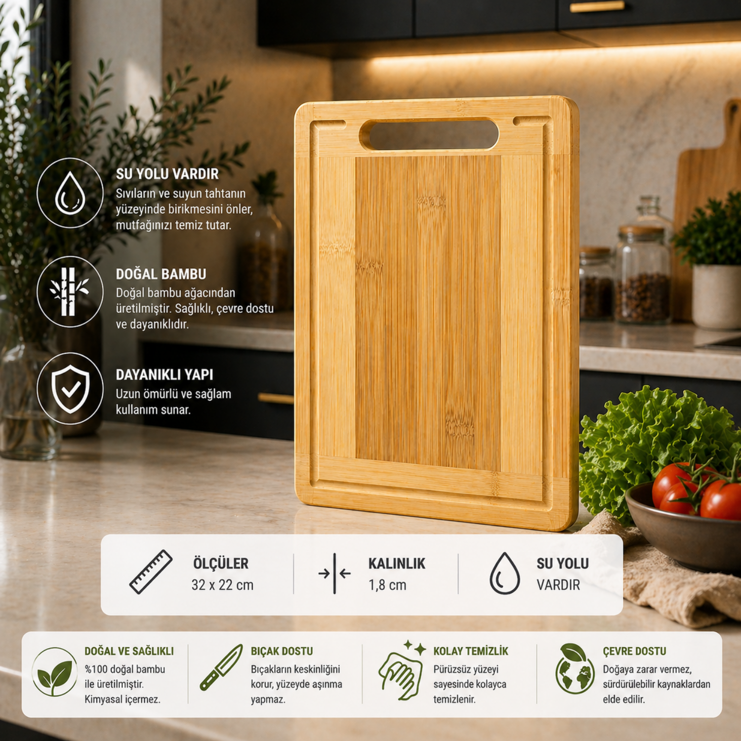 Bambu Kesme Tahtası Su Yollu Doğal Ahşap | 30x20 - 32x22 - 34x24 cm | 1.8 cm Kalın Dayanıklı Kesim Panosu