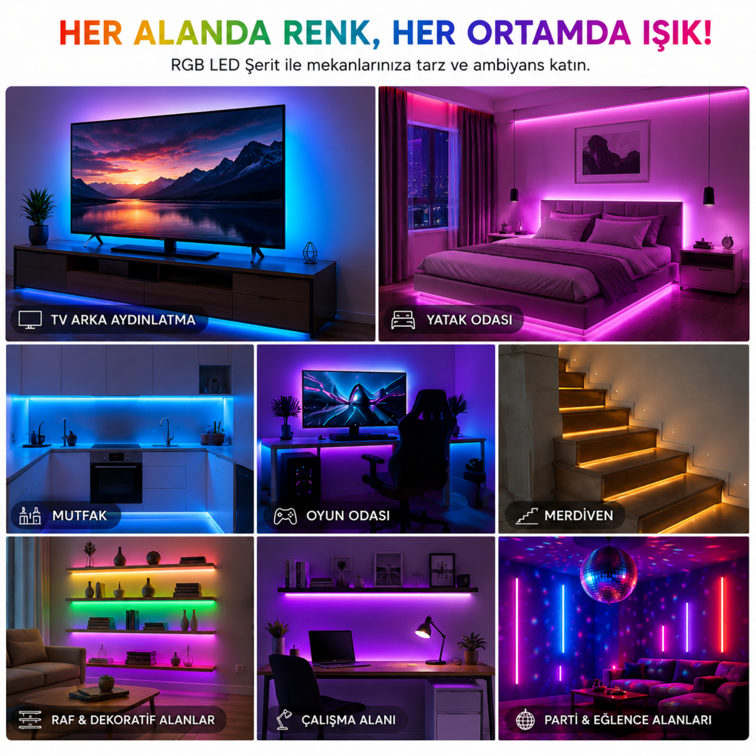 Shopify Başlık:  5 Metre RGB LED Şerit Işık Seti – Tek Çipli / 3 Çipli Seçenekli 5050 SMD LED, Kumandalı Dekoratif LED Aydınlatma