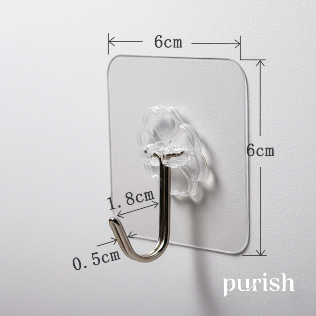 Purish | Kendinden Yapışkanlı Şeffaf Duvar Askısı | Delme Yok – İz Bırakmaz – Küçük & Dayanıklı | Banyo, Mutfak, Oturma Odası için