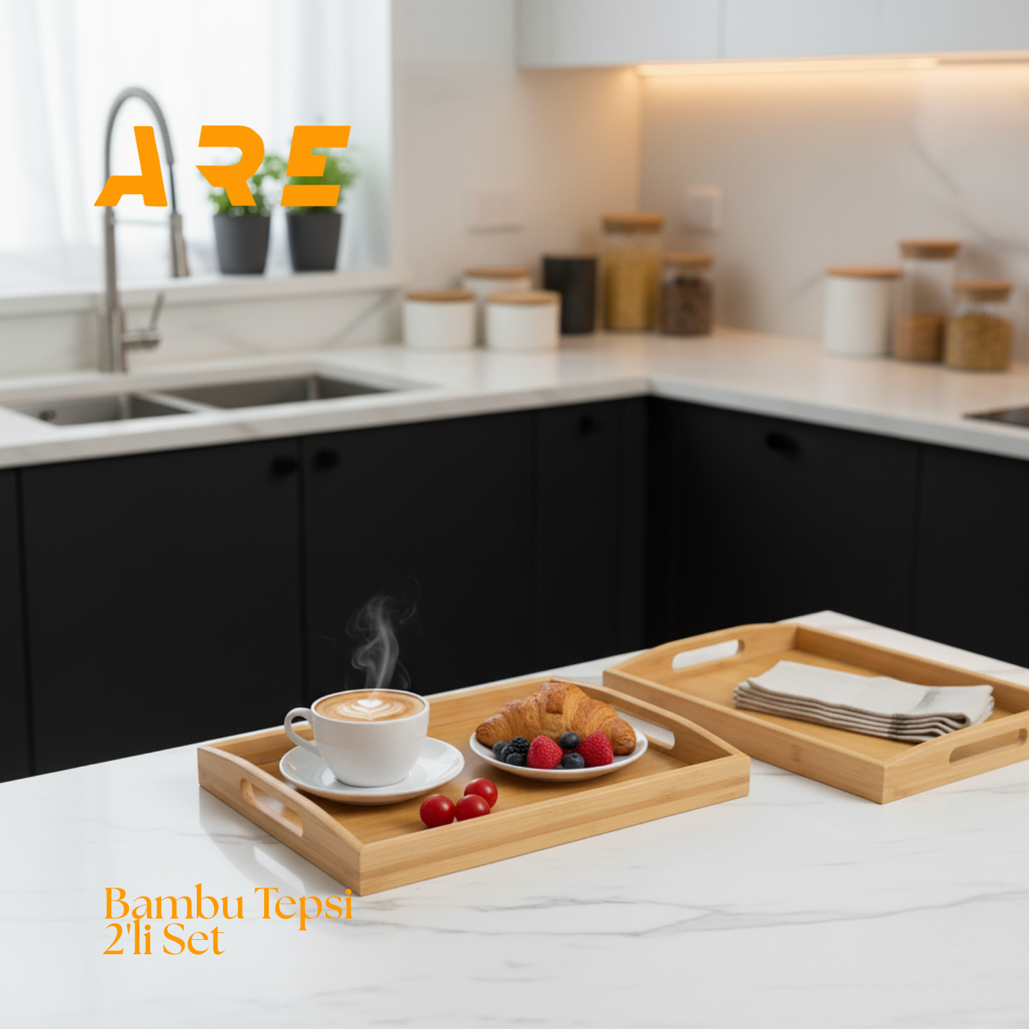 Bambu Servis Tepsi Seti 2’li – Doğal Ahşap, Küçük 33x22 cm & Büyük 40x28 cm, Kahvaltı ve Sunum için