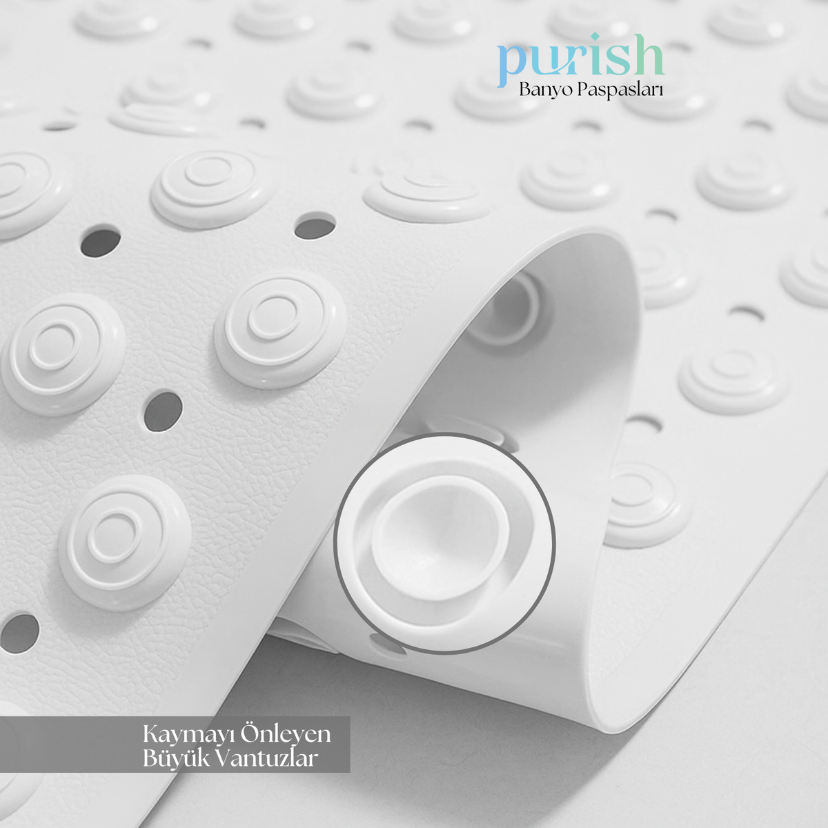Purish | Kaymaz Banyo Paspası | Beyaz | 69,5x36cm – Dikdörtgen Duş Matı, Küvet Paspası | Güçlü Vantuzlu, Su Tahliyeli, Masaj, Fırçalı | Makinede Yıkanabilir | Kaydırmaz Zemin Matı (Copy) - Herseyben.de