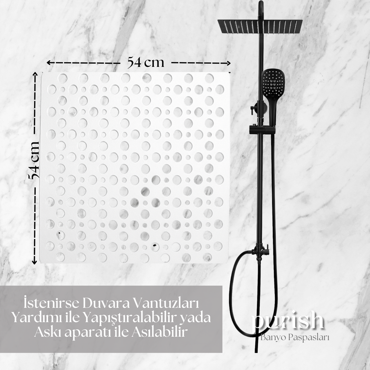 Purish | Kaymaz Banyo Paspası | Beyaz| 54x54cm – Kare Duş Matı, Küvet Paspası | Güçlü Vantuzlu, Su Tahliyeli, Yumuşak