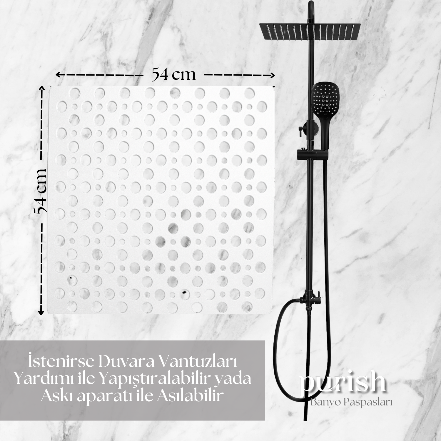 Purish | Kaymaz Banyo Paspası | Beyaz| 54x54cm – Kare Duş Matı, Küvet Paspası | Güçlü Vantuzlu, Su Tahliyeli, Yumuşak | Makinede Yıkanabilir | Kaydırmaz Zemin Matı