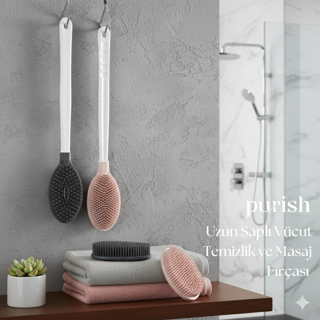 Uzun Saplı Vücut Temizlik ve Masaj Fırçası (Beyaz Sap, Gri TPE Başlık) – 41 cm, 7×12 cm