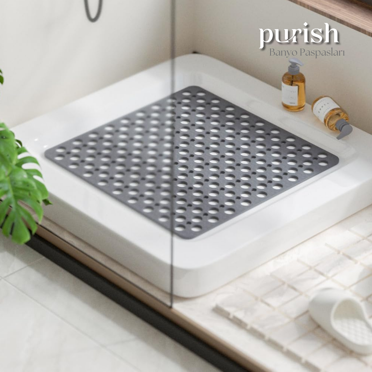 Purish | Kaymaz Banyo Paspası | Antrasit Gri | 54x54cm – Dikdörtgen Duş Matı, Küvet Paspası | Güçlü Vantuzlu, Su Tahliyeli, Yumuşak | Makinede Yıkanabilir | Kaydırmaz Zemin Matı - Herseyben.de