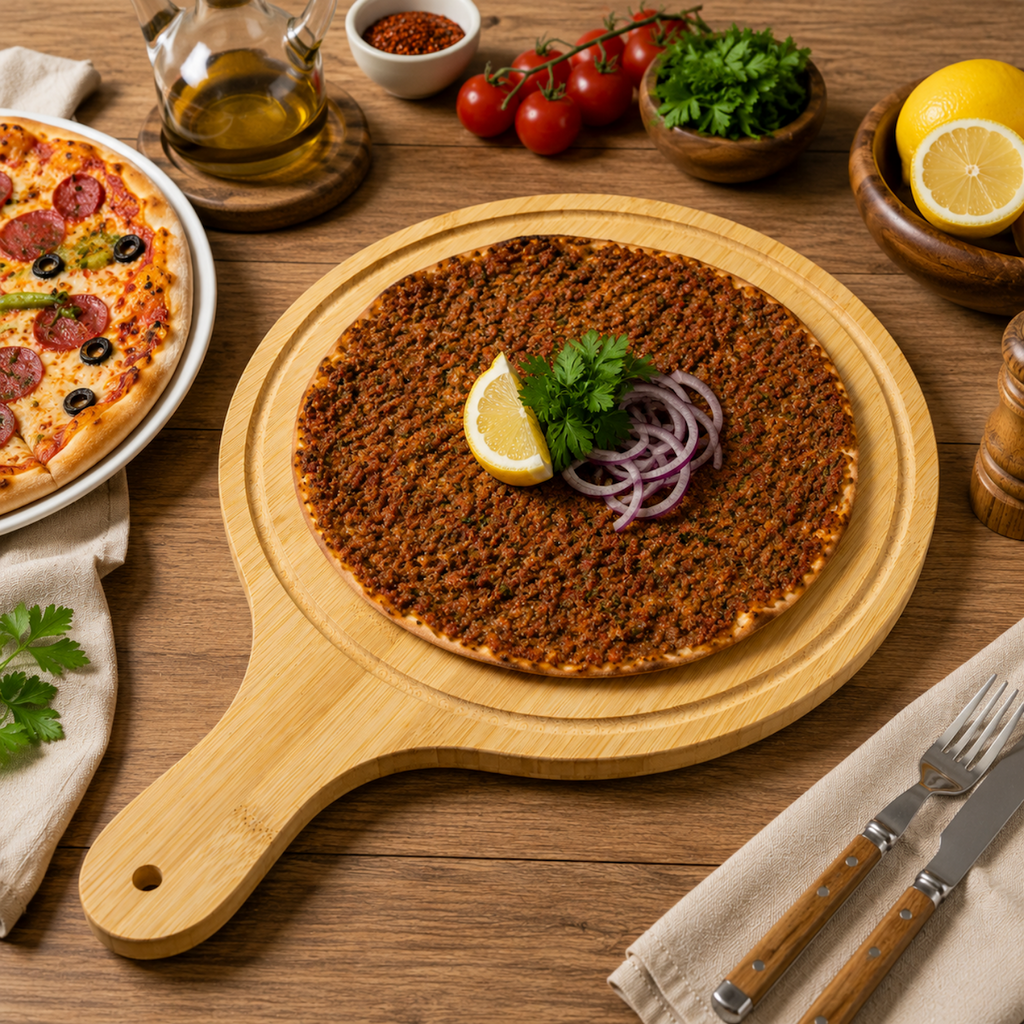 Bambu Pizza & Lahmacun Sunum Tahtası – Ahşap Yuvarlak Servis Tepsisi – 3 Boy Seçeneği