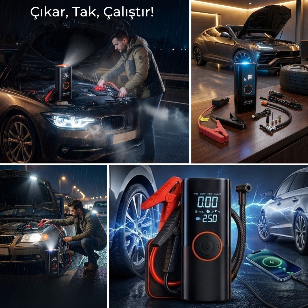 BUFFER Akü Takviye Cihazı ve Lastik Şişirme Pompası 16000mAh – Powerbank Özellikli, Dijital Ekranlı SOS Fenerli Taşınabilir Kompresör
