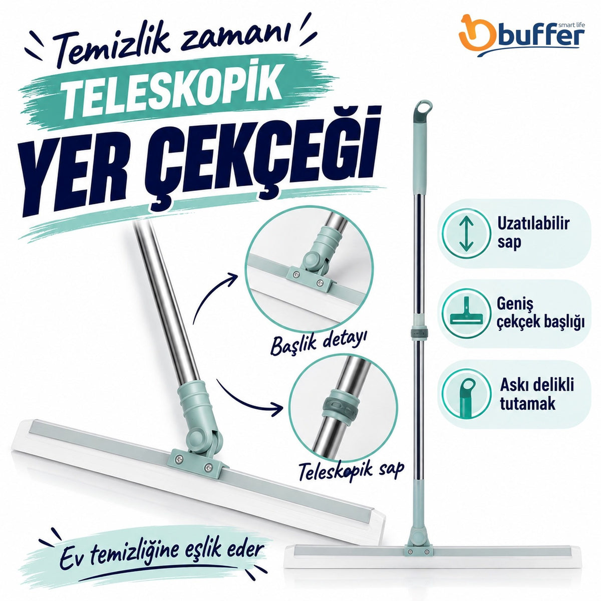Teleskopik Oynar Başlıklı Cam,Zemin Silme Aparatı Çekçek