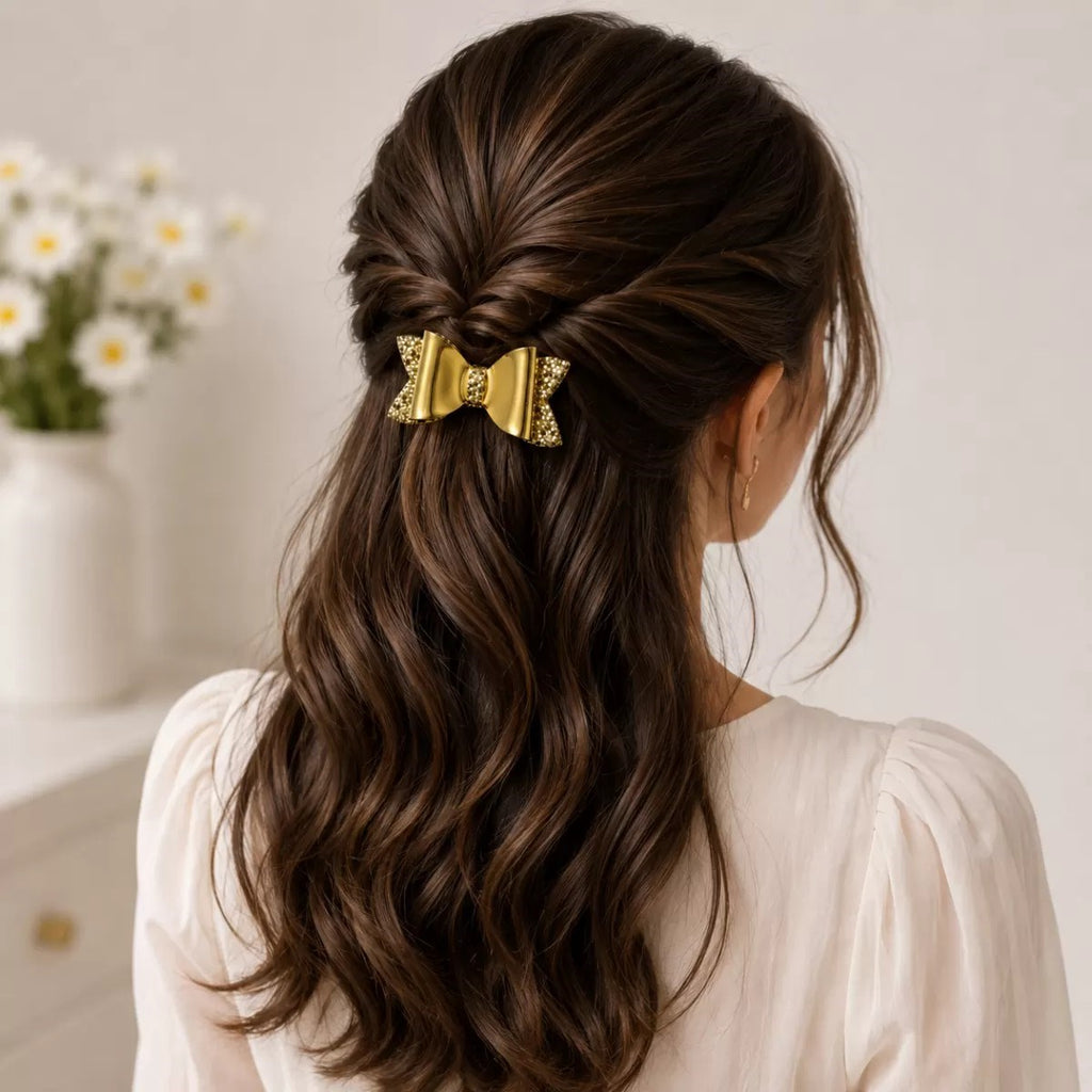 Glitter Detaylı Fiyonk Saç Tokası 2'li Set 6x3 Cm Gold Simli