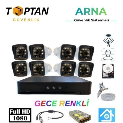 5mp Lens 2mp 1080P Warm LED 8 Kameralı 250GB Harddisk Dahil Güvenlik Kamerası Seti