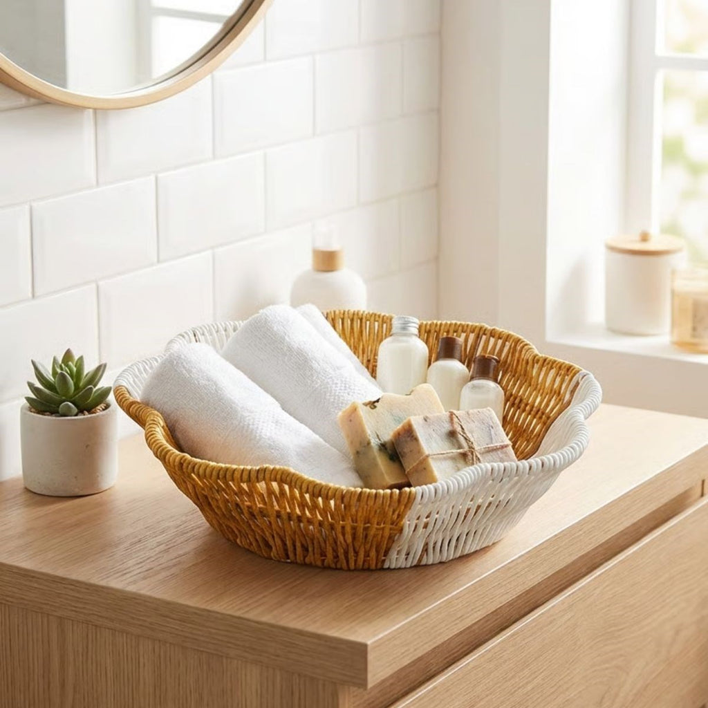 Çiçek Model Çift Renkli Plastik Rattan Ekmek ve Meyve Sepeti - Çok Amaçlı Banyo ve Mutfak Düzenleyici - Yıkanabilir Organizer