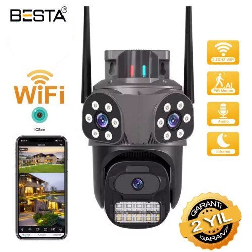 Dış Mekan Üç Kameralı Gece Görüşlü Full Hd Ip Akıllı Güvenlik Kamerası PTZ GÜVENLİK KAMERASI BB-1735