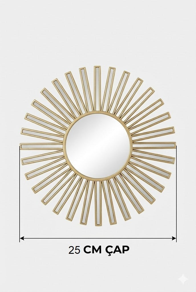 3’lü Gold Güneş Desenli Duvar Aynası Seti 25 cm | Dekoratif Yuvarlak Ayna