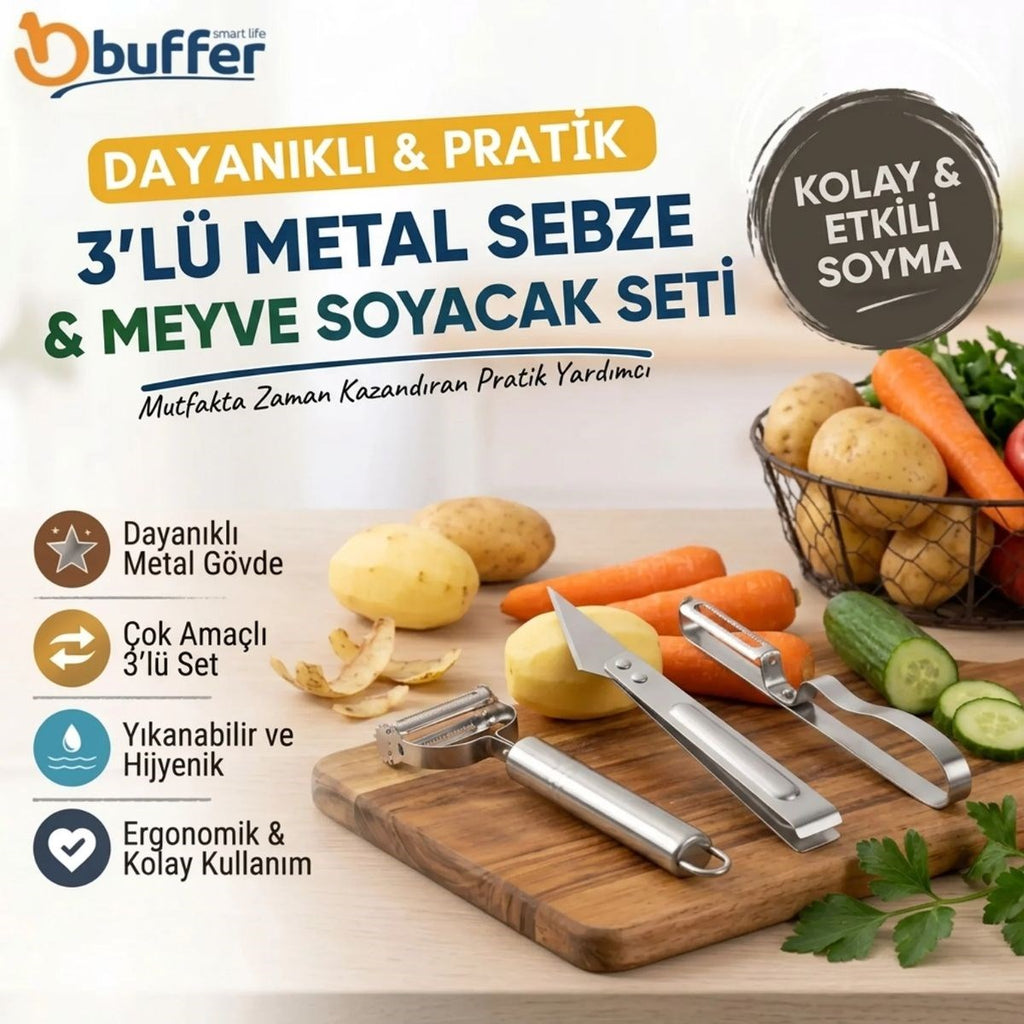 3’lü Metal Sebze Meyve Soyacak Seti, Patates ve Havuç Soyucu Mutfak Aparatları