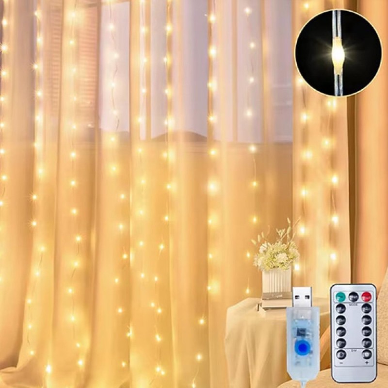 3x3 Kumandalı Perde LED - 8 Modlu Sıcak Beyaz USB Perde Işığı