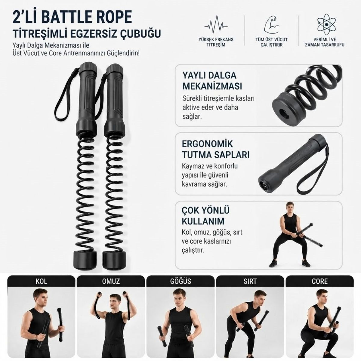 BUFFER 2'li Battle Rope Titreşimli Egzersiz Çubuğu, Yaylı Dalga Mekanizmalı Kol, Omuz, Göğüs, Sırt ve Core Antrenman Aleti