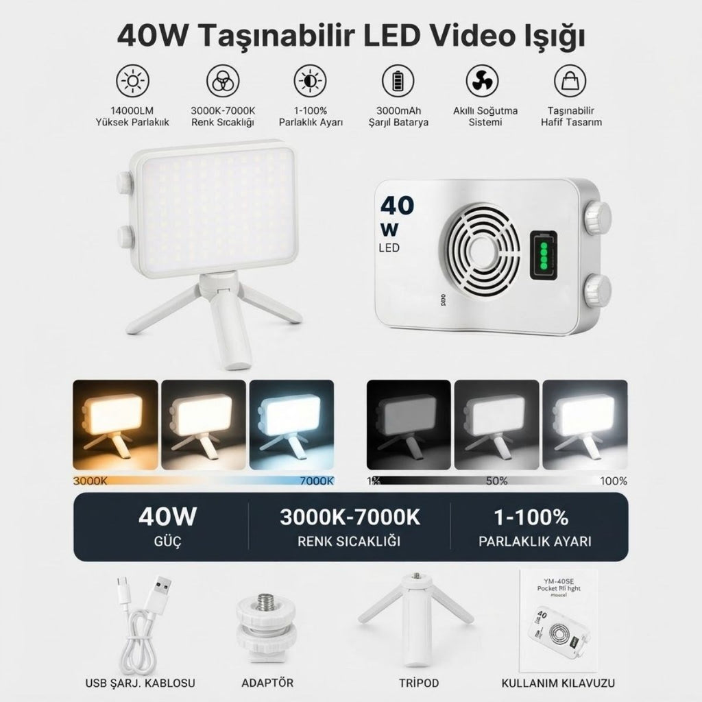 40W Taşınabilir LED Video Işığı, CRI 95+ 3000-7000K Ayarlanabilir Kamera ve Fotoğraf Işığı, 3000mAh Şarjlı Tripodlu Dolgu Lambası