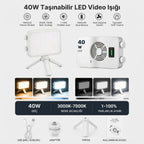 40W Taşınabilir LED Video Işığı, CRI 95+ 3000-7000K Ayarlanabilir Kamera ve Fotoğraf Işığı, 3000mAh Şarjlı Tripodlu Dolgu Lambası