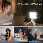 40W Taşınabilir LED Video Işığı, CRI 95+ 3000-7000K Ayarlanabilir Kamera ve Fotoğraf Işığı, 3000mAh Şarjlı Tripodlu Dolgu Lambası