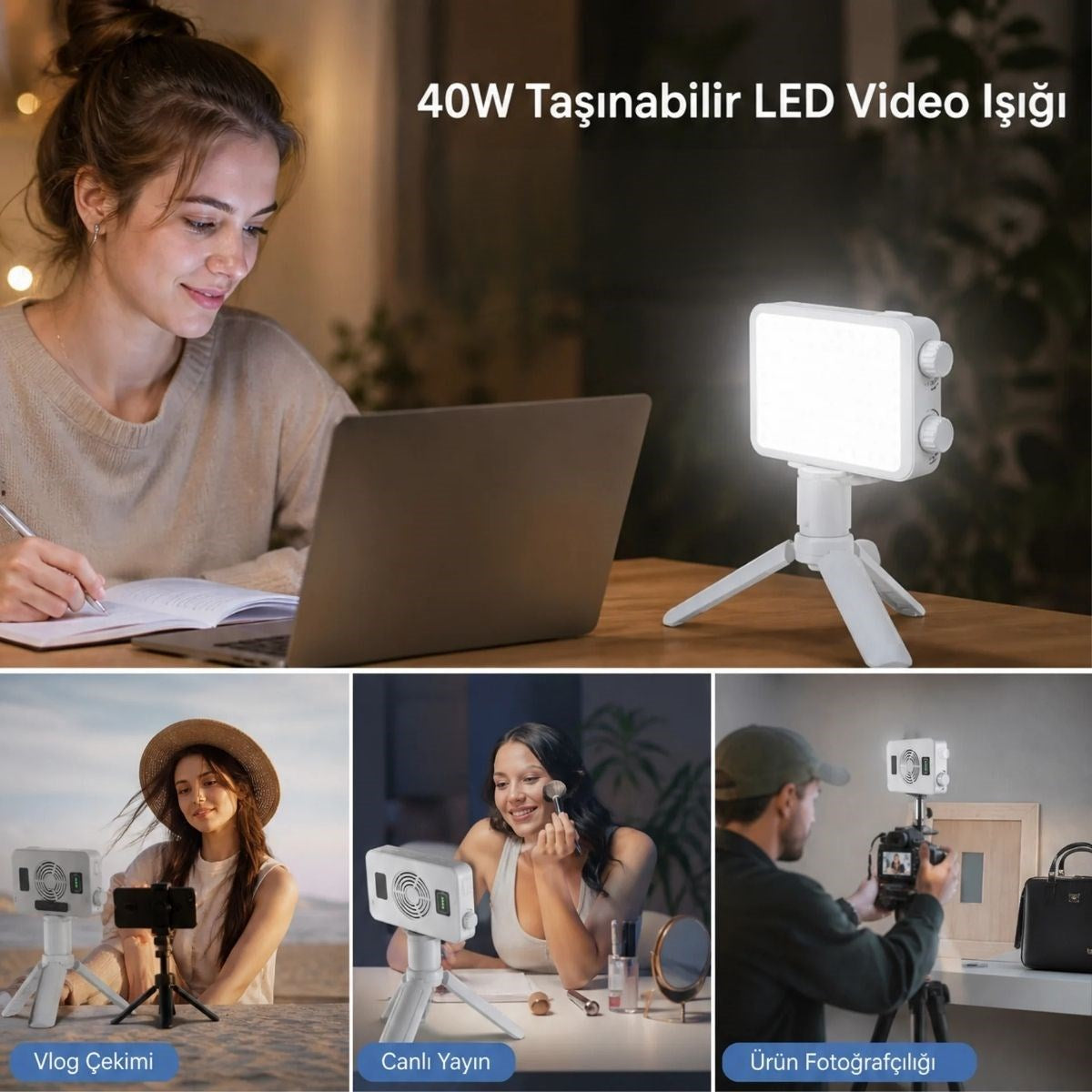 40W Taşınabilir LED Video Işığı, CRI 95+ 3000-7000K Ayarlanabilir Kamera ve Fotoğraf Işığı, 3000mAh Şarjlı Tripodlu Dolgu Lambası