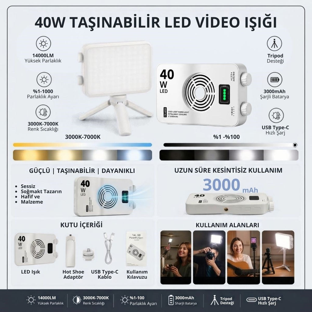 40W Taşınabilir LED Video Işığı, CRI 95+ 3000-7000K Ayarlanabilir Kamera ve Fotoğraf Işığı, 3000mAh Şarjlı Tripodlu Dolgu Lambası