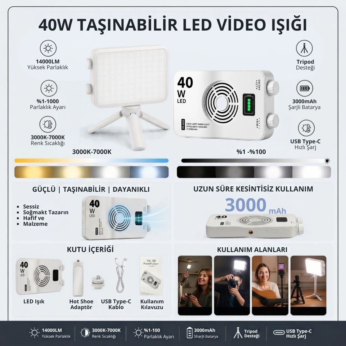 40W Taşınabilir LED Video Işığı, CRI 95+ 3000-7000K Ayarlanabilir Kamera ve Fotoğraf Işığı, 3000mAh Şarjlı Tripodlu Dolgu Lambası