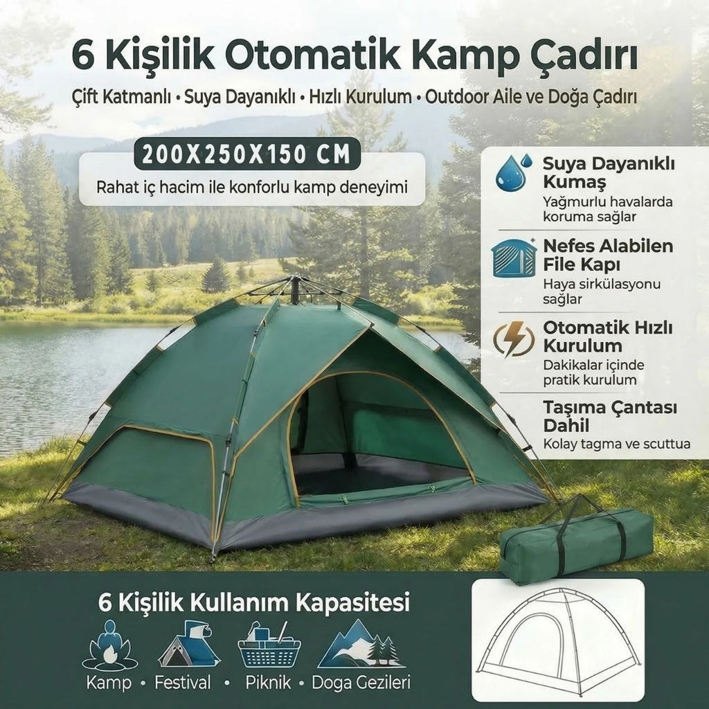 6 Kişilik Otomatik Kamp Çadırı – Çift Katmanlı, Suya Dayanıklı, Hızlı Kurulum Outdoor Aile ve Doğa Çadırı 200x250x150 cm