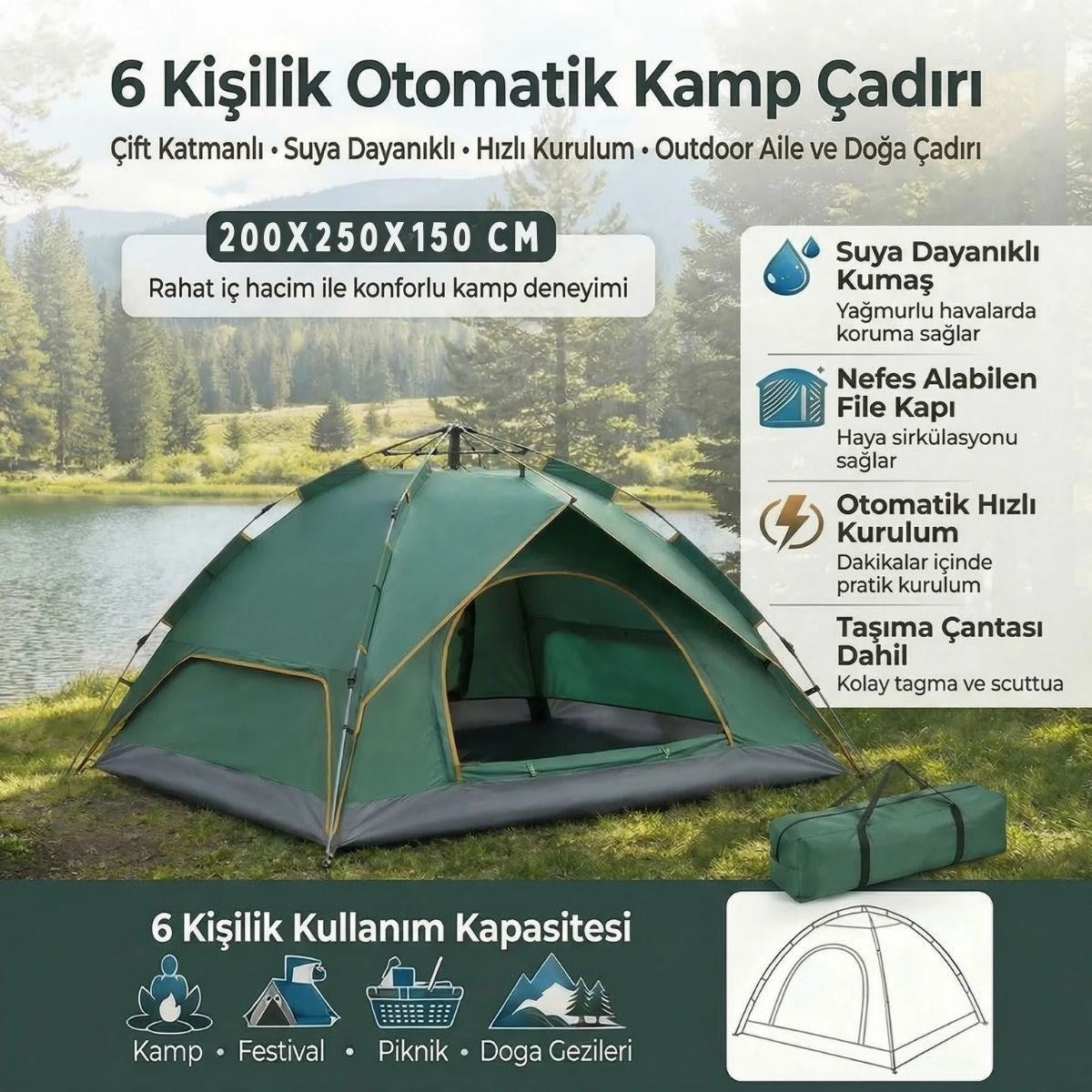 BUFFER 6 Kişilik Otomatik Kamp Çadırı – Çift Katmanlı, Suya Dayanıklı, Hızlı Kurulum Outdoor Aile ve Doğa Çadırı 200x250x150 cm